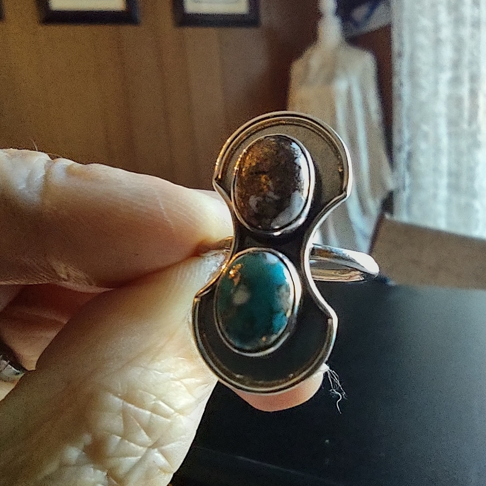 Sterling MB Navajo Double Turquoise Ring — Blue & Matrix Cabs, 925, Sz [insert] - Picture 9 of 15